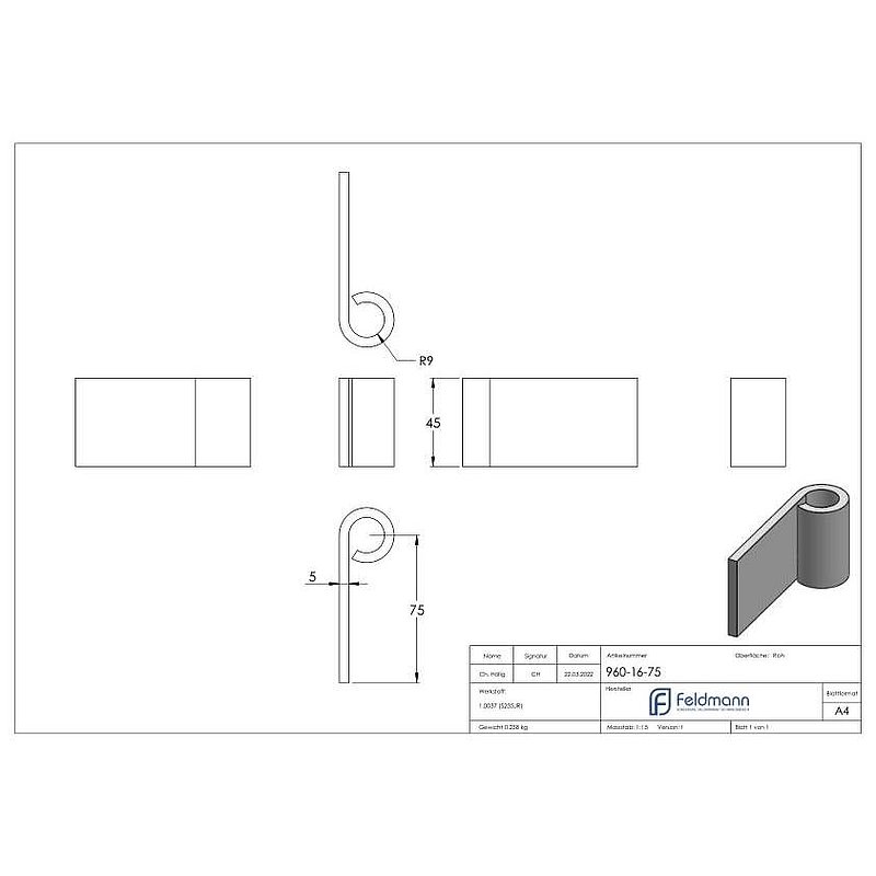 Bande à souder pour gond Ø 16mm, L: 75mm