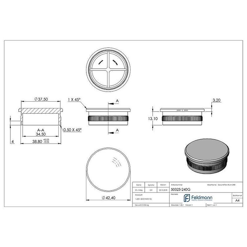 Tube end plug, for tube 42.4x2.0mm, AISI304