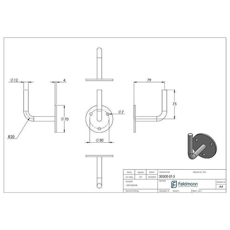 Handrail support with flat round plate, 70x4mm