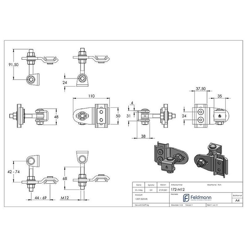 Door hinge M12, 4-way adjustable, 180°