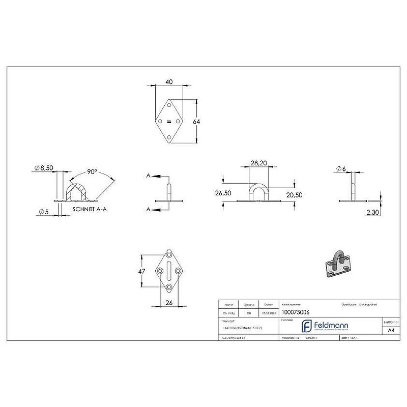 Fixing eyelet with square plate AISI316