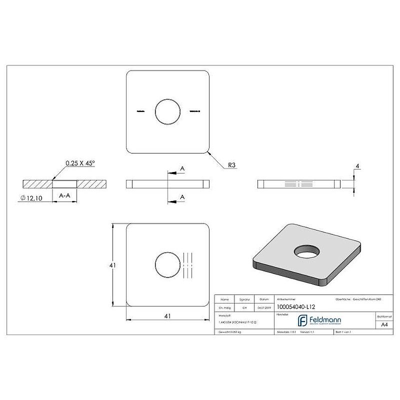 Einsteckkappe für Quadratrohr 40x40 mit Bohrung, V4A