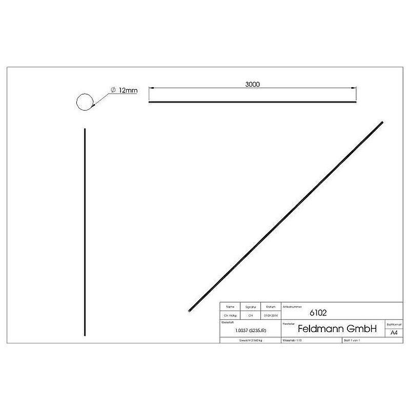 Round bar 12mm, L: 3000mm