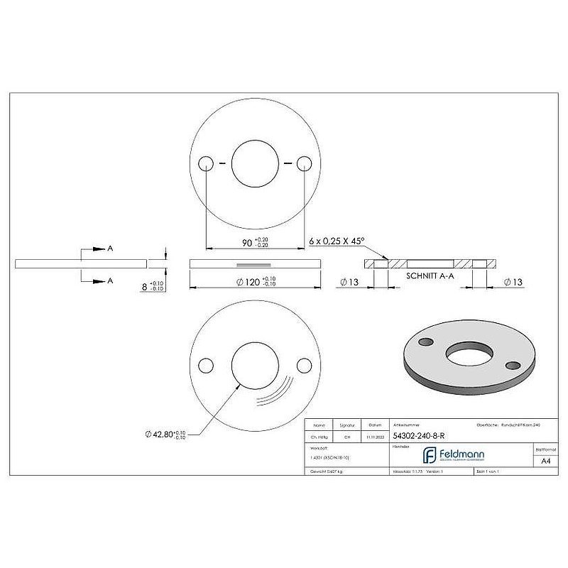 Anchor plate Ø 120x8mm, with round grinding, AISI304
