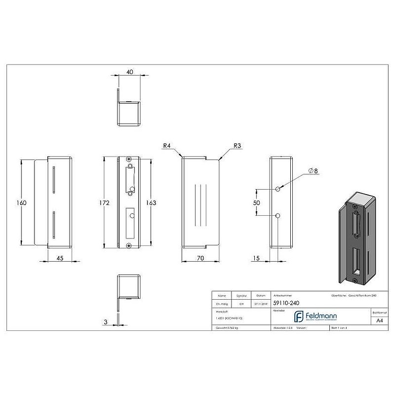 Gâche de serrure rectangulaire, acier inoxydable, avec entraxe 72mm, 40mm, V2A