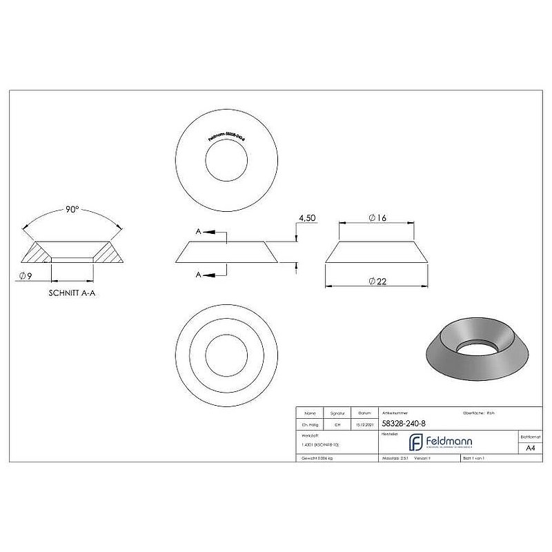 Screw rosette for countersunk screws M8 DIN 7991 / ISO 10642, AISI304