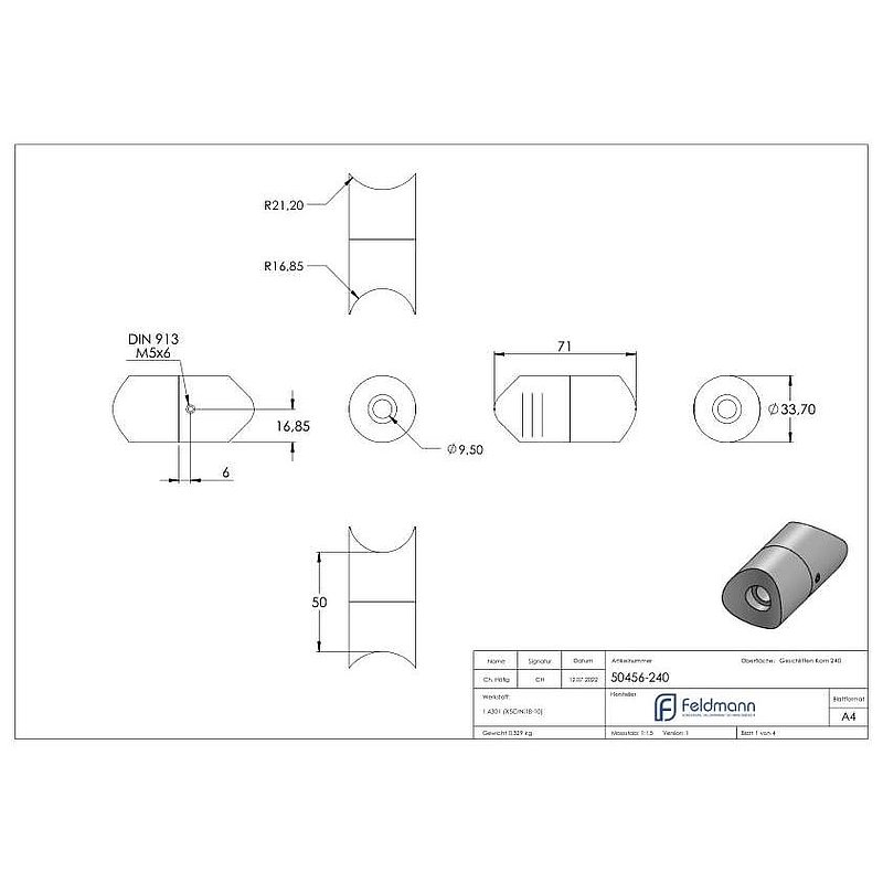 Pièce de jonction pour tube rond de Ø 33,7 / Ø 42,4mm, V2A