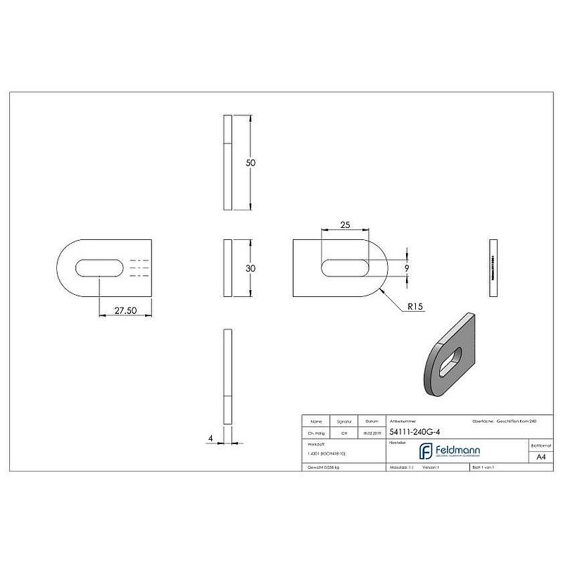 Weld-on bracket, 50x30x4mm, ground, AISI304