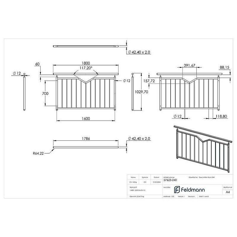 French balcony grille, with V-cutout, W: 1.6m, AISI304