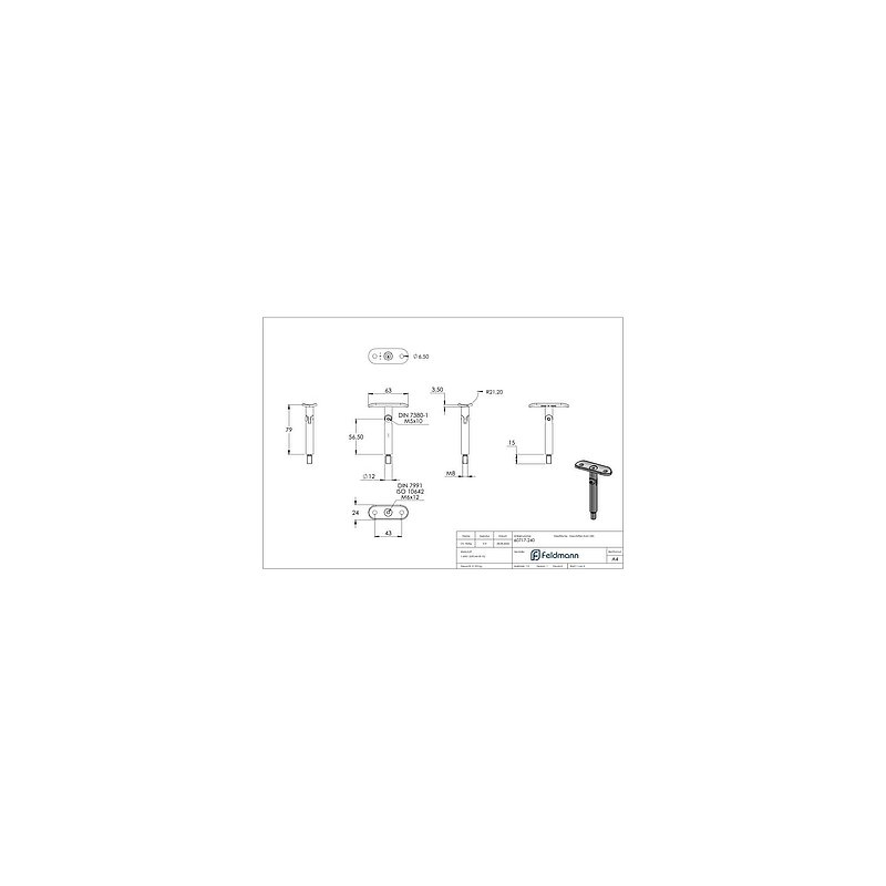 Hinge pin Ø 12mm with handrail connection plate 42.4mm, AISI304