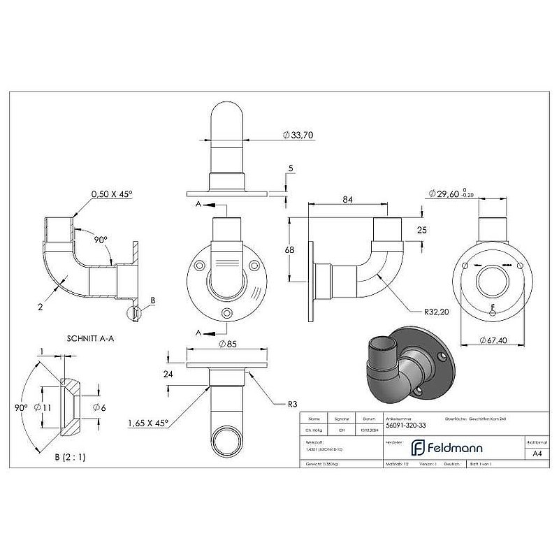 Wandhalter 90° für Rohr 33,7x2,0mm, V2A