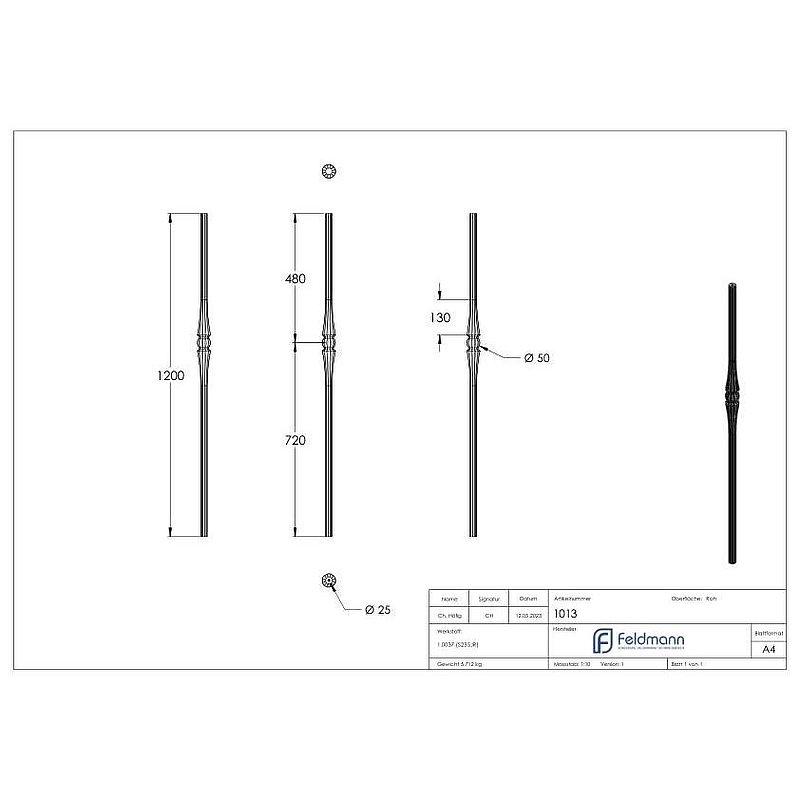 Anfangsstab 25x25mm gehämmert, mit Kugel Ø 50mm, H: 1200mm