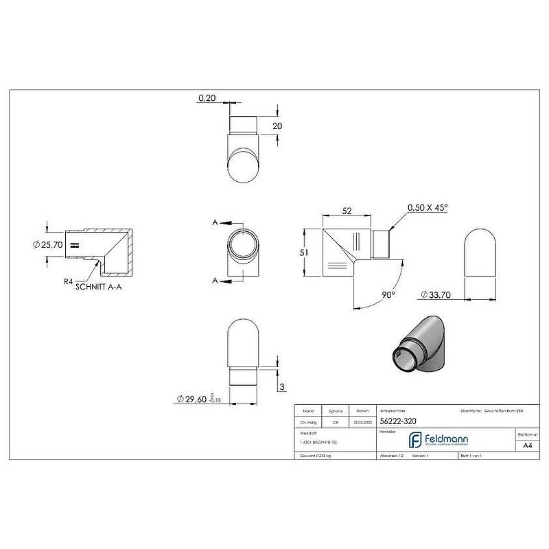 Endbogen 90°, für Rohr 33,7x2,0mm, V2A