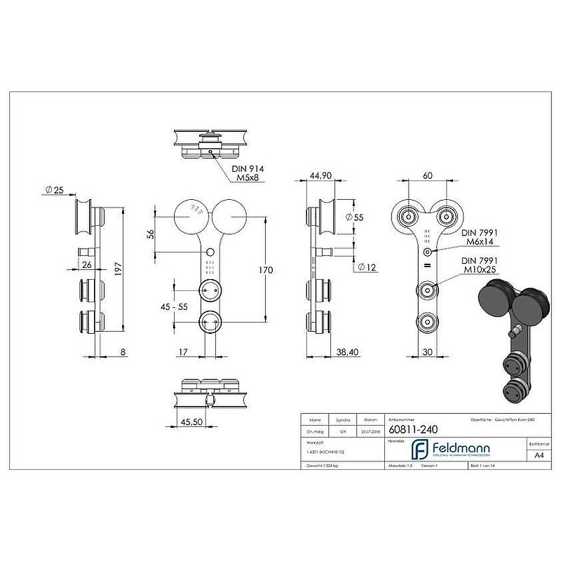 Double roller carriage for sliding glass doors, AISI304