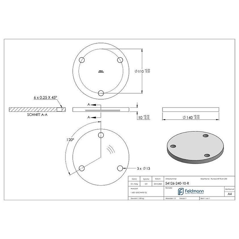 Ankerplatte Ø 140x10mm, mit Rundschliff, V2A