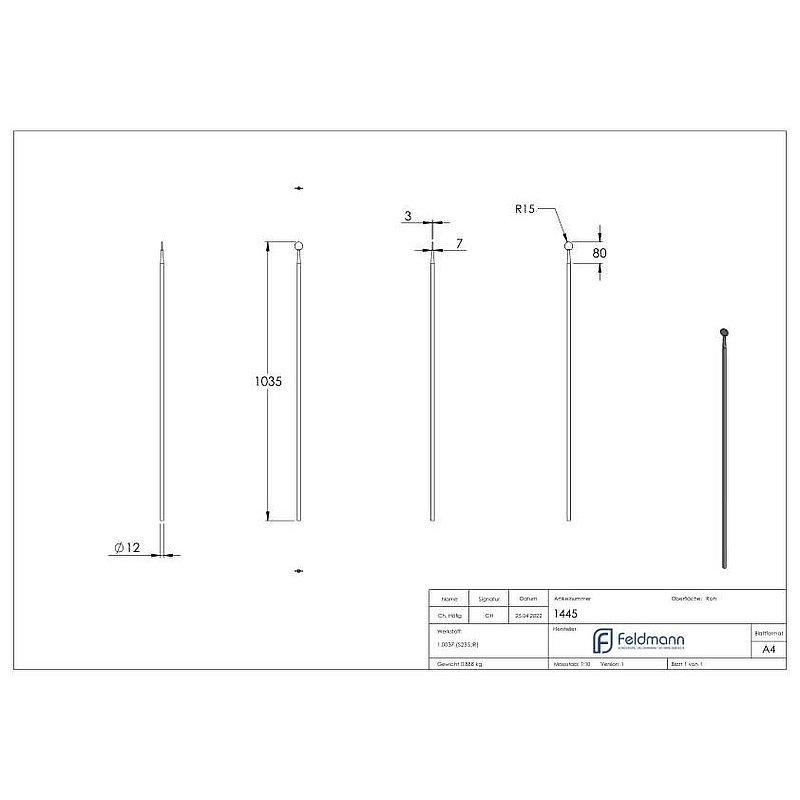 Fence bar, H: 1035mm, conical, disc Ø : 30mm
