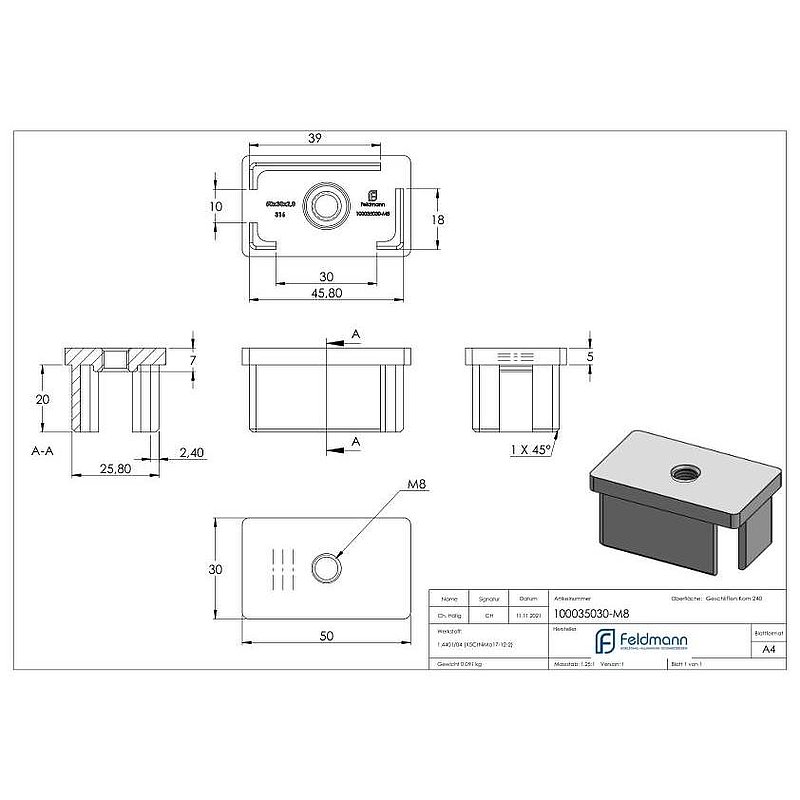 Capuchon à enfoncer, pour tube 50x30x2,0mm, V4A