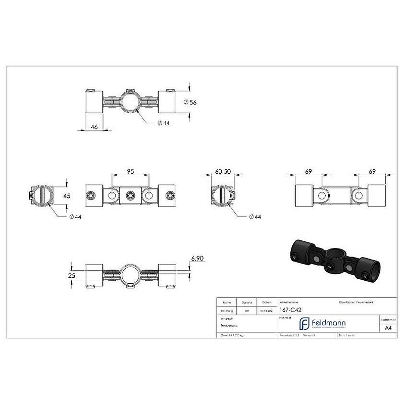 Pivot double, ajustable, 180°, pour tube Ø 42,4mm