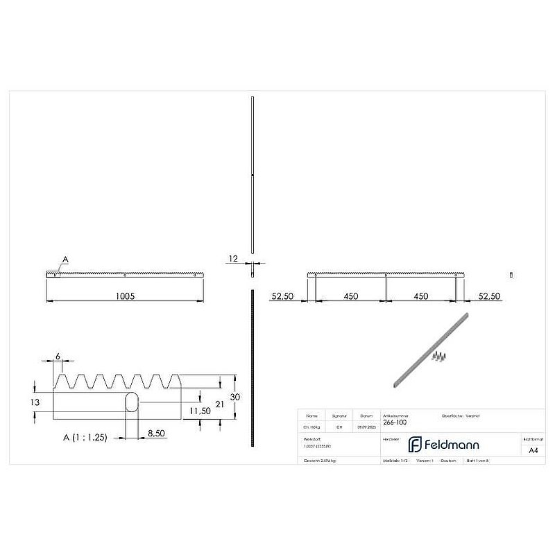 Zahnstange 30 x 12mm, Länge 1m, inkl. Befestigungsmaterial, verzinkt