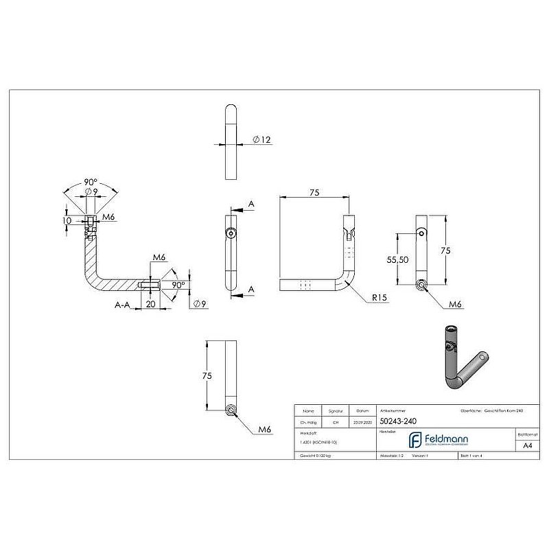 Bracket Ø 12mm, with joint, 90° bent, AISI304
