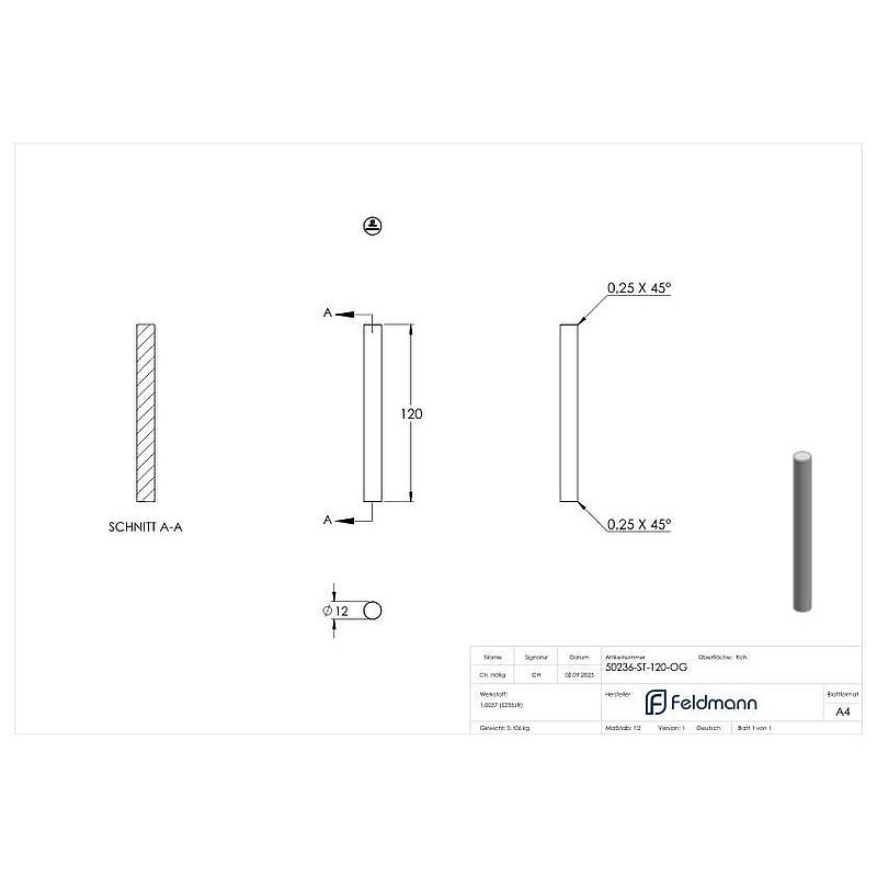 Stift Ø 12mm, Länge 120mm