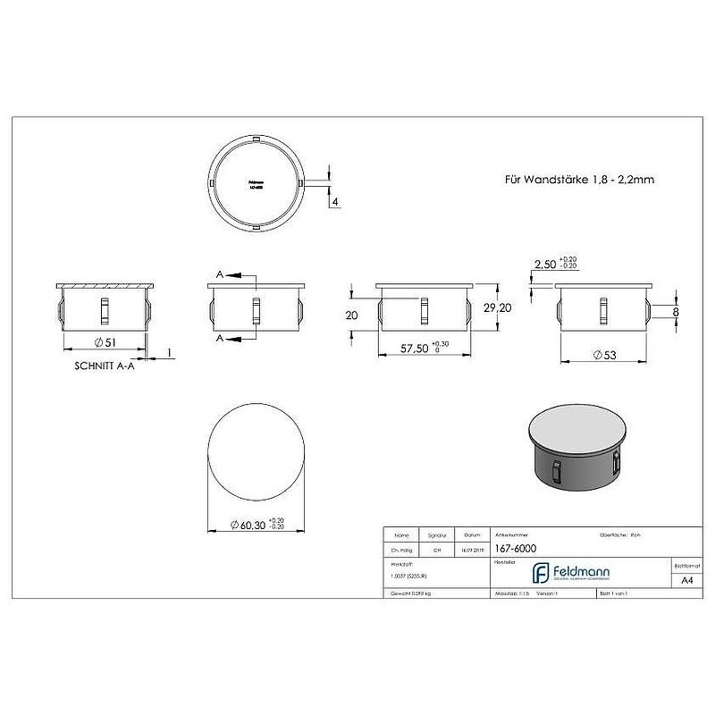 Steel end cap, for tube 60.3mm