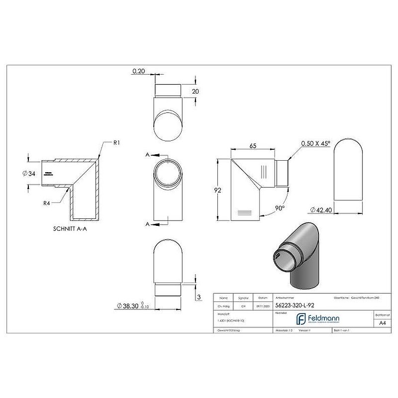 End bend 90°, for tube 42.4x2.0mm, AISI304