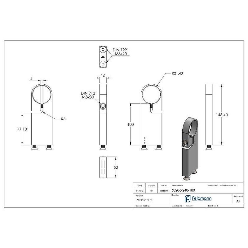 Clamping ring for tube 42.4 mm, AISI304
