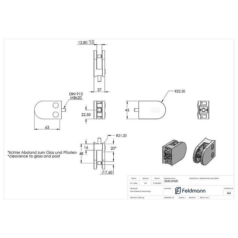 Glasklemme Mod. 32, Anschluss: 42,4mm, VA-Effekt