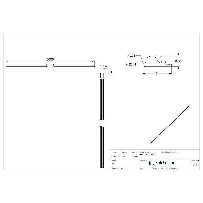 LED-Nutrohr LUNORA®, Linse für gerichtete Lichtverteilung, zum Einschieben in Abdeckung, L: 6000mm