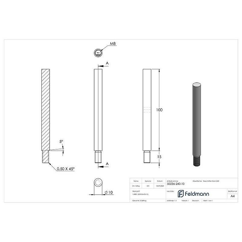 Stift Ø 10mm, L: 100mm, V2A