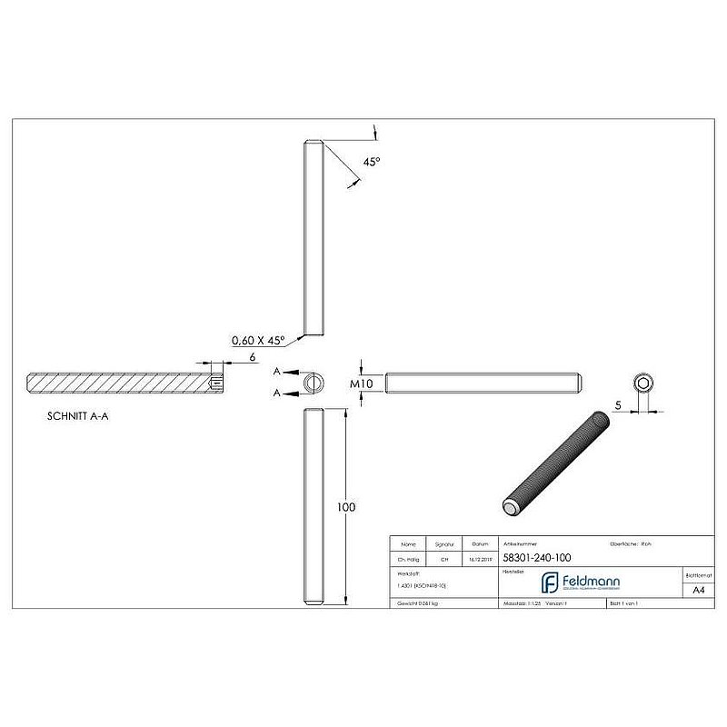 Gewindestift M10x100, V2A, DIN 913 / ISO 4026