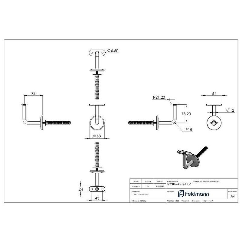 Handrail holder, Drehfix system, AISI304