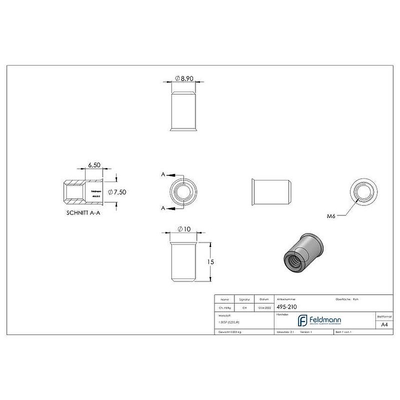 Blind rivet nut, steel, M6/hole 9mm, galvanised