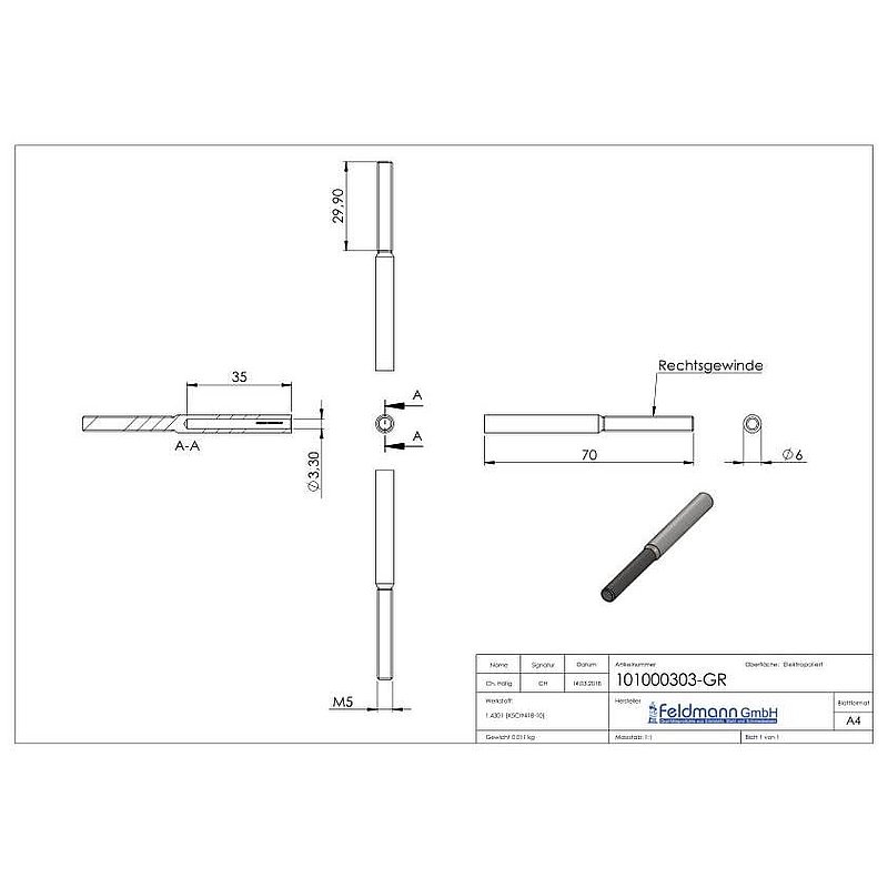 Threaded terminal for rope 3mm, AISI304
