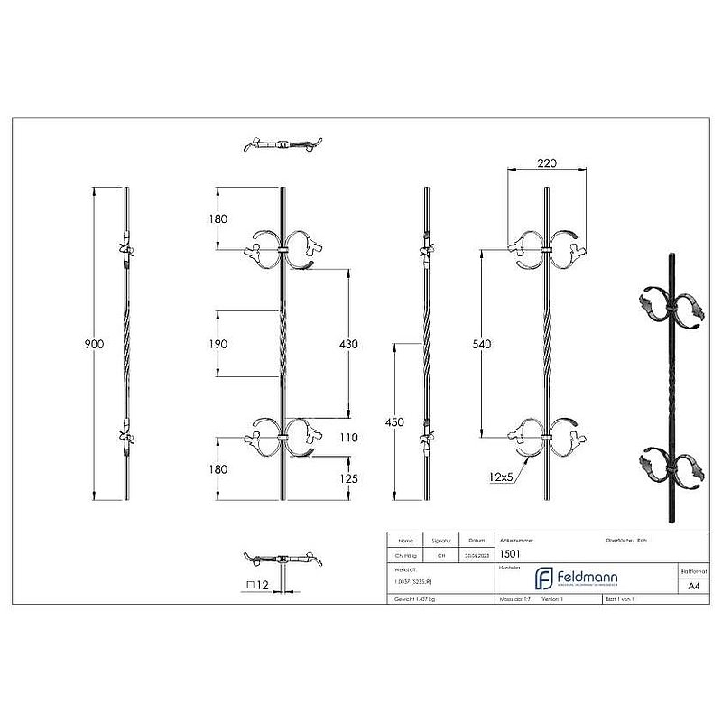 Zierstab 12x12mm, gerillt, Barock, H: 900mm
