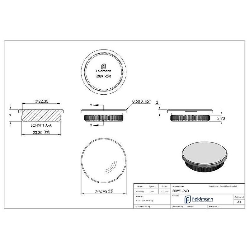 Bouchon pour extrémité de tube, pour tube 26,9x2,0mm, V2A