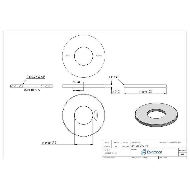 Ankerplatte Ø 100x6mm, mit Rundschliff und Fase, V2A