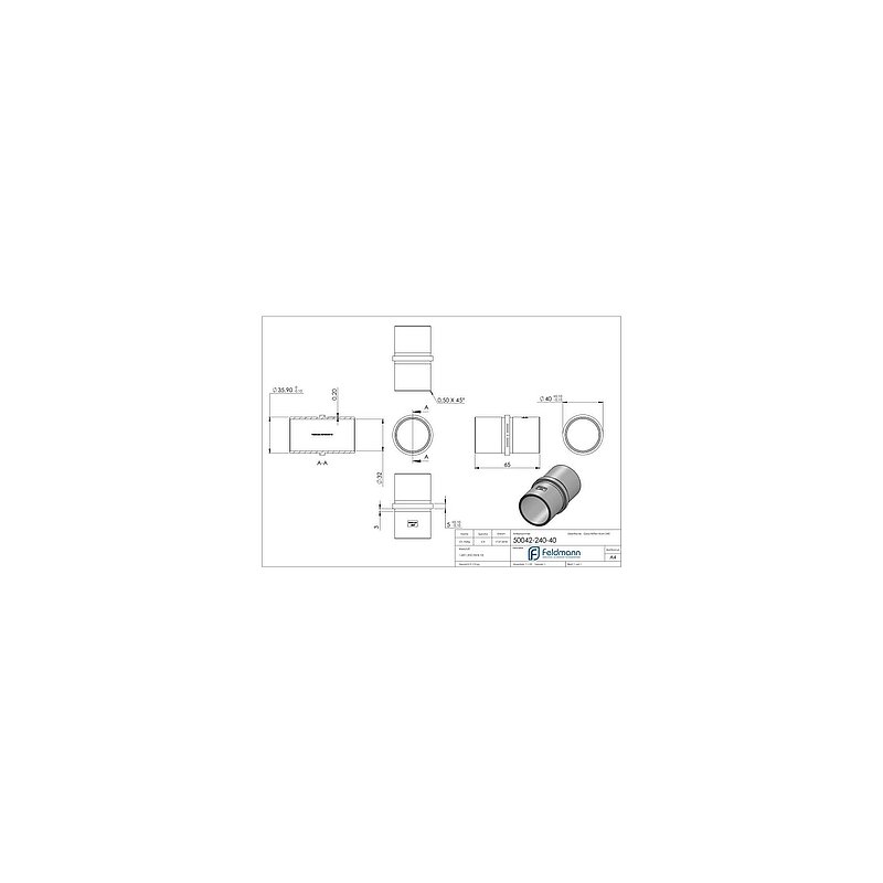 Connecting piece for tube 40.0x2.0mm, AISI304