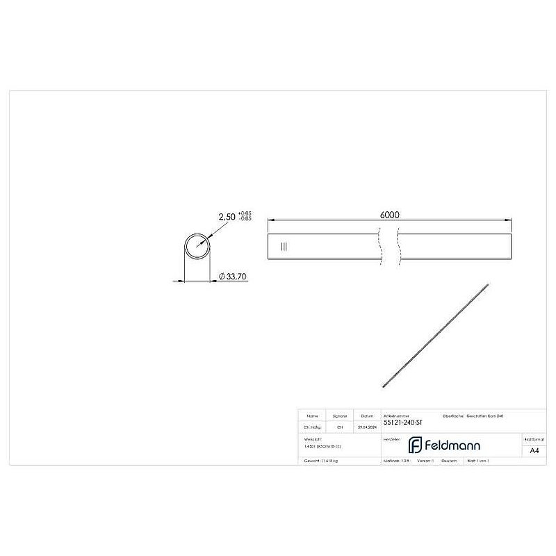 tube 33,7 x 2,5mm, L=6m, satin K240, AISI304