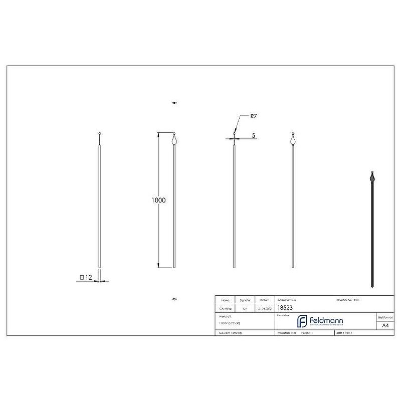 Fence bar 12x12mm, H: 1000mm, tip and ball