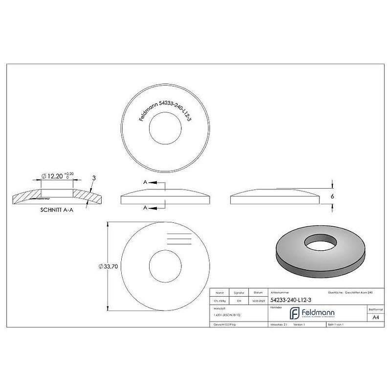 Gewölbte Schale, Ø 33,7mm, mit Bohrung 12,2mm, V2A