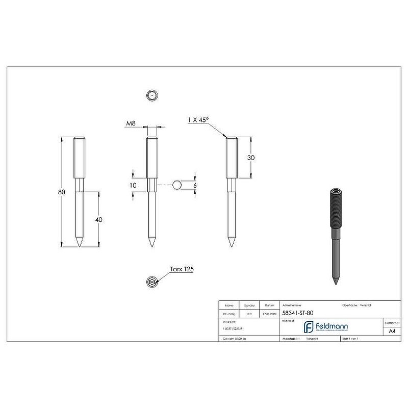 Hanger bolt M8x80mm, galvanised steel