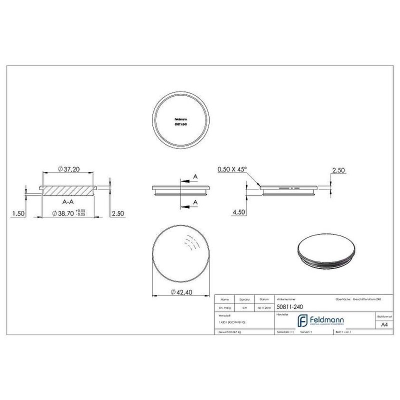 Rohrabschlussstopfen, für Rohr 42,4x2,0mm, V2A