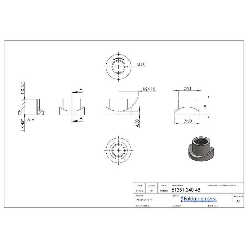 Threaded sleeve, suitable for hinge 120-M16-VA, for tube 48.3 mm, AISI304