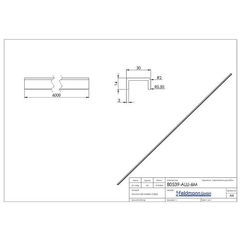 Aluminium-U-Profil, 30x14x3mm, L: 6000mm