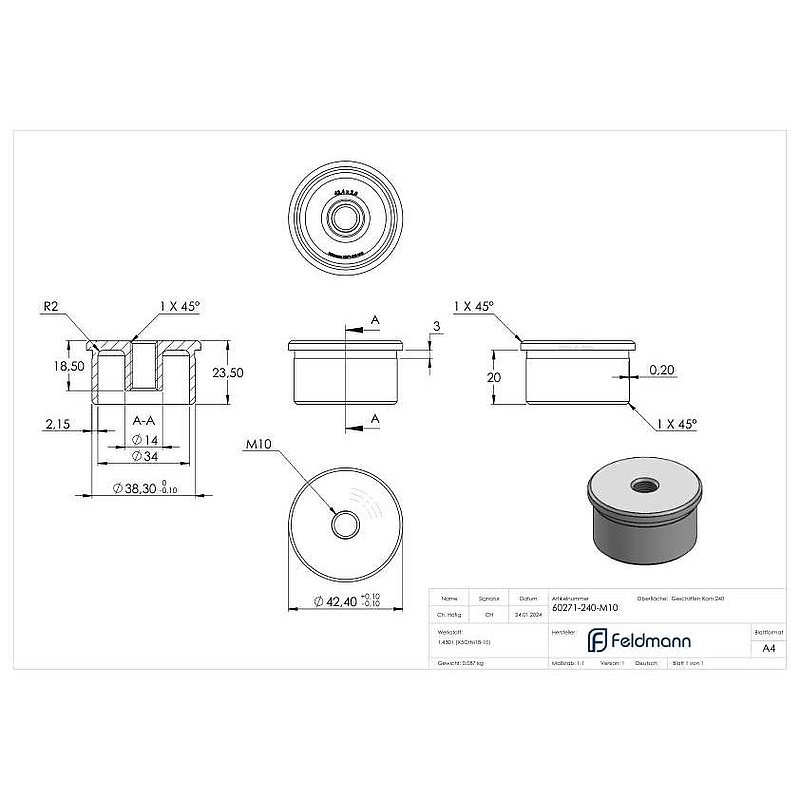 Terminaison de tube à coller avec M10 pour tube Ø 42,4x2,0mm, V2A