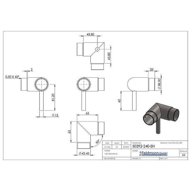 Plug-in corner with pin for tube 42.4x2.0mm, AISI304