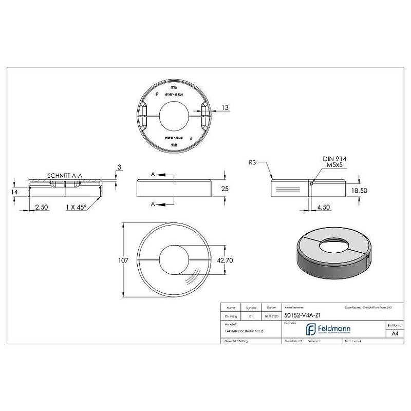 Rosace de recouvrement 105x25mm, perçage Ø 43mm, en deux parties, V4A