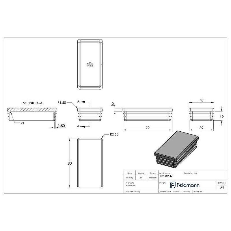 Bouchon plastique pour tube rectangulaire 80x40mm